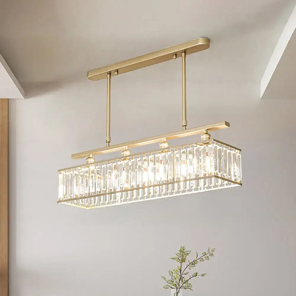 DecorBites sleek 4-head island light with champagne gold metal frame and vertical crystal prisms chandelier