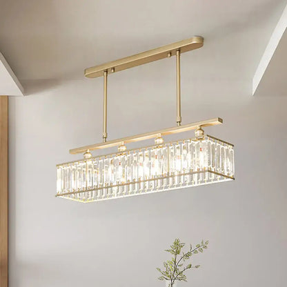 DecorBites sleek 4-head island light with champagne gold metal frame and vertical crystal prisms chandelier