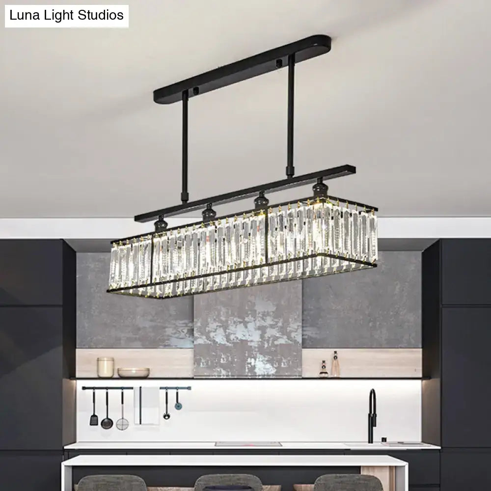 DecorBites sleek 4-heads island light with black metal rectangle frame and hanging crystal prisms suspension