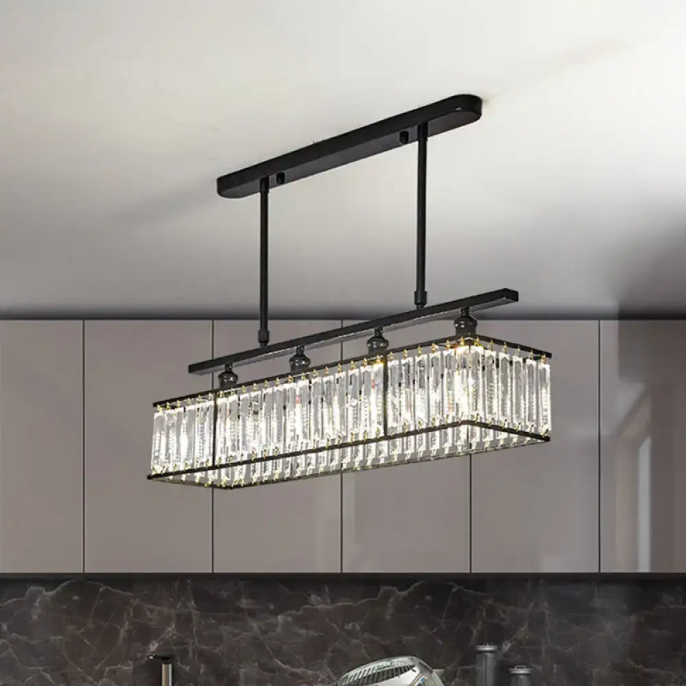 DecorBites sleek 4-head island light in champagne black rectangle with hanging crystal prisms suspension design