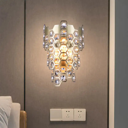 Modern champagne hexagon crystal wall sconce with clear faceted crystals in a metallic frame for e12 led incandescent fluorescent bulbs