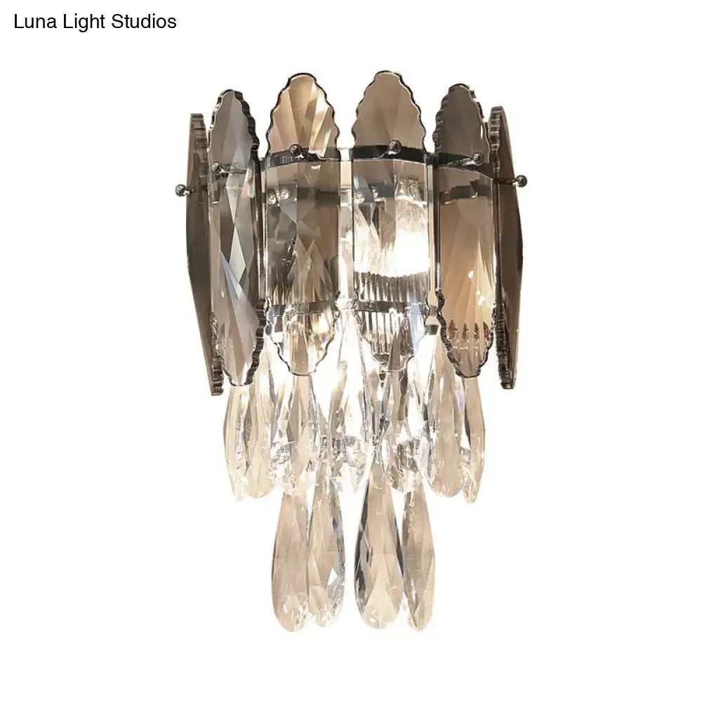 Modern champagne smoke gray crystal wall sconce with faceted teardrop pendants and led incandescent fluorescent lighting