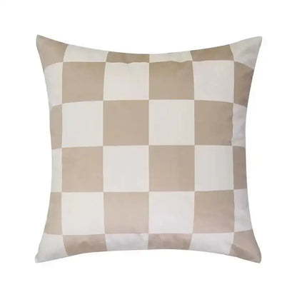 Beige and white checkered cushion cover made of decorbites fluffy velvet for modern bedroom decor