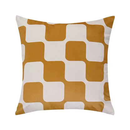 A square modern checkered fluffy velvet cushion cover in mustard yellow and white for bedroom decorbites decor