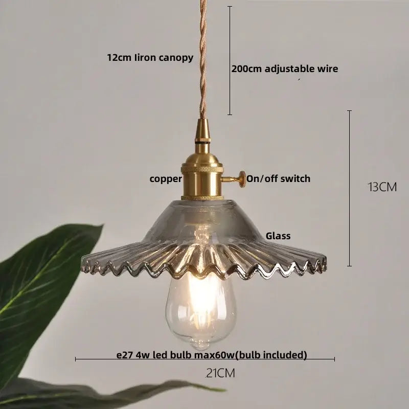 Modern chevron clear glass led pendant light with brass hardware and scalloped edge decorbites clear glass shade suspended by adjustable wire