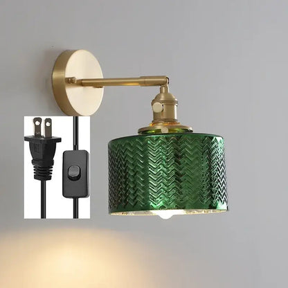 Modern chevron green glass led wall light with brass hardware and pull chain switch for bedroom lighting