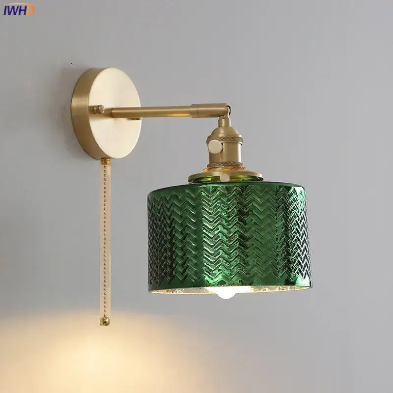 Modern chevron green glass led wall light with brass fixture and pull chain switch for bedroom lighting