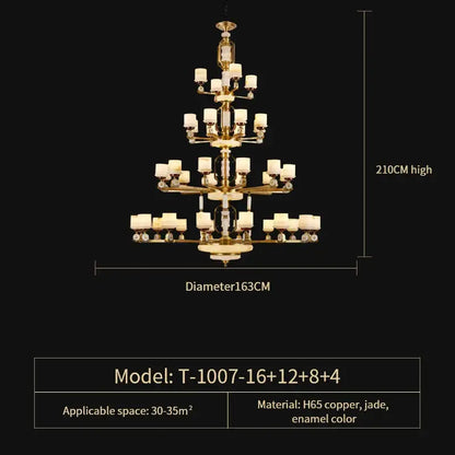 Modern Chinese gold copper jade chandelier with multi-tiered golden h65 copper frame and white enamel glass shades for living room
