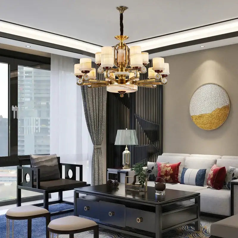 Modern Chinese gold copper jade chandelier with multiple frosted glass shades and ornate metalwork for living room