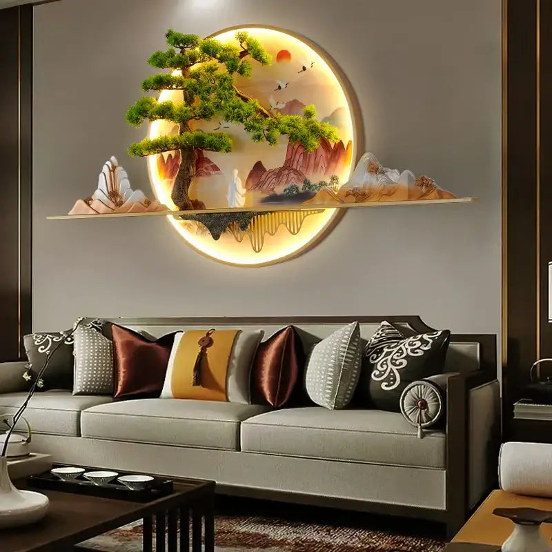 Circular modern chinese landscape led picture lamp featuring illuminated 3d landscape with pine tree and mountains decorbites 3d landscape wall art