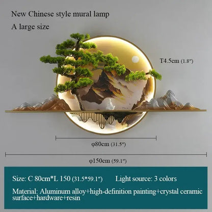 A modern chinese-style circular led picture lamp with painted mountains pine trees and glowing moon for decorbites 3d landscape