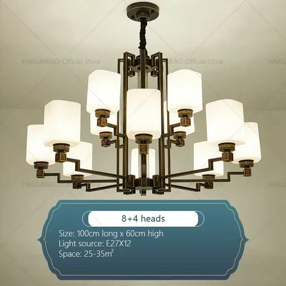 Modern chinese style chandelier pendant light with bronze finish and twelve white frosted glass shades in geometric pattern