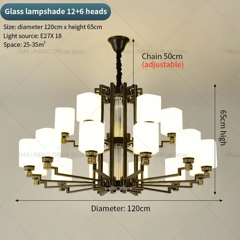 Bronze finished modern chinese style chandelier pendant light with twelve frosted glass lampshades and adjustable chain