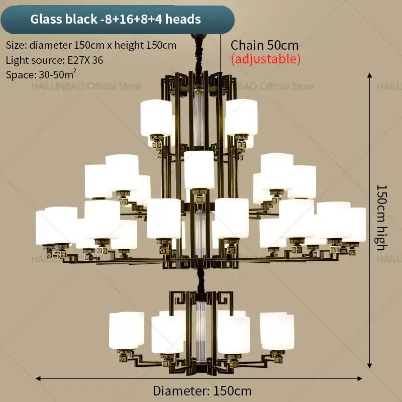 Black glass chinese style chandelier pendant light with 32 frosted white lampshades in two tiers for living room