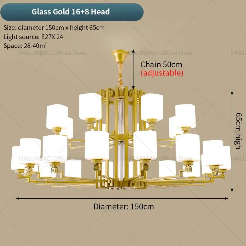 Modern chinese style chandelier pendant light with gold metal arms and frosted glass shades for living room decor