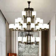 Elegant multi-tiered chinese style chandelier pendant light with dark bronze frame and white glass shades for living room