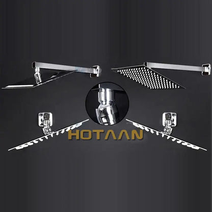 Modern chrome 12 inch stainless steel rain shower head with perforated design and adjustable arm in chrome finish