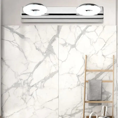 Modern chrome 2 head bathroom wall lighting fixture with circular illuminated heads and chrome finish for wall lighting