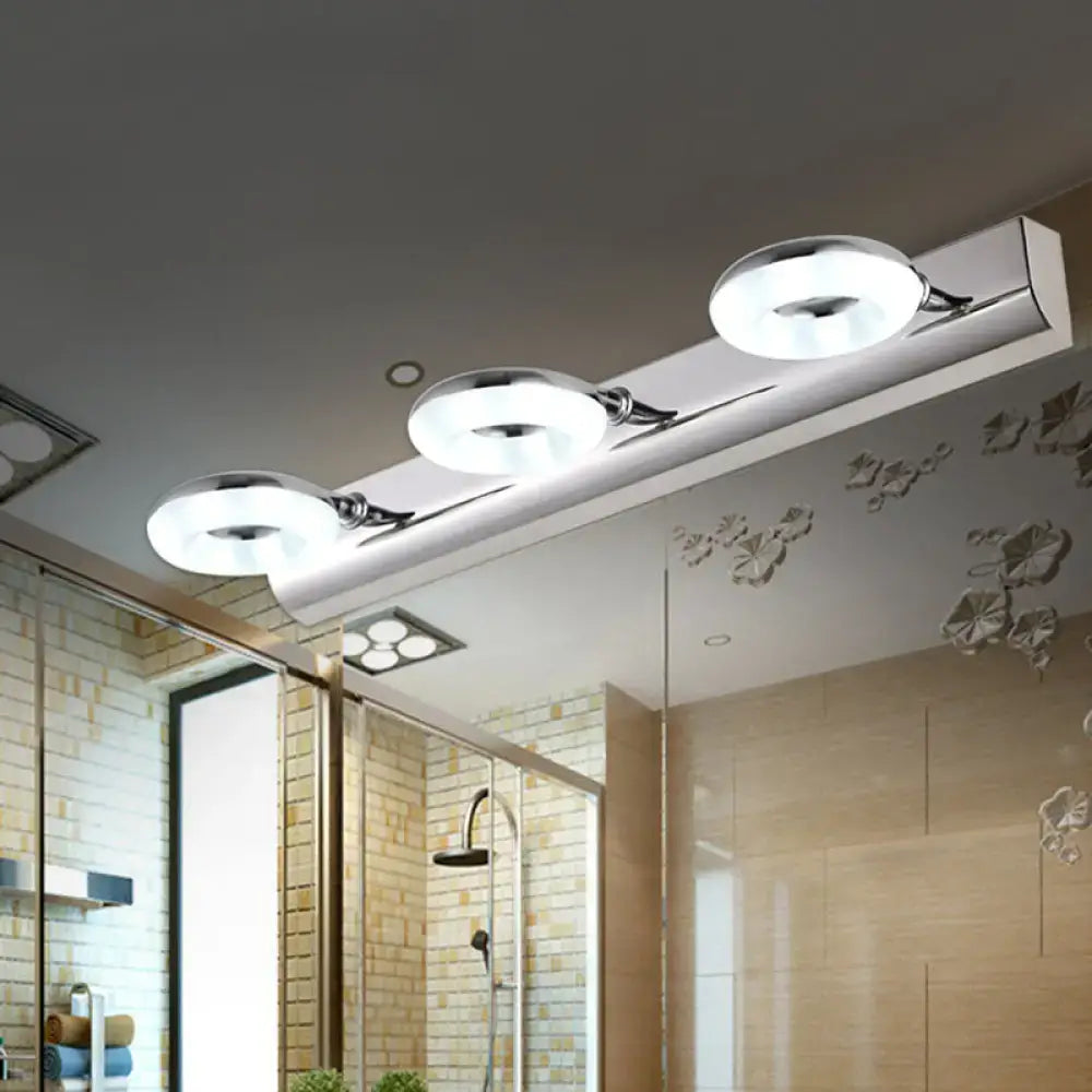 Modern chrome 2 3 head bathroom wall lighting fixture with three frosted glass bulbs on a sleek rectangular bar