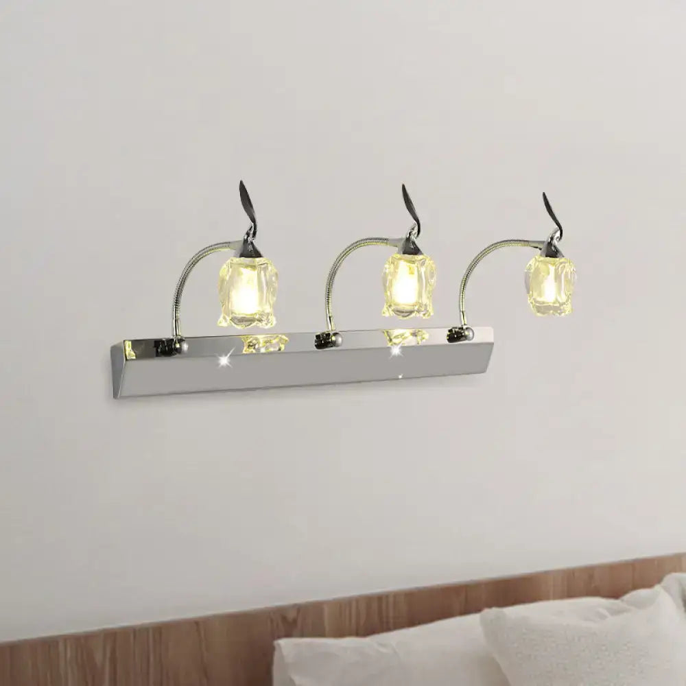 Modern chrome 3 bulb crystal vanity light with three adjustable curved arms and faceted glass shades 220v-240v