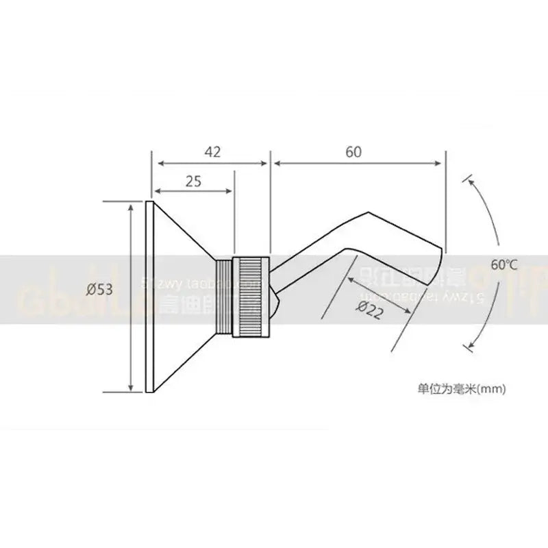 Technical schematic diagram of a modern chrome conical nozzle with threaded connection for handheld shower holder mount