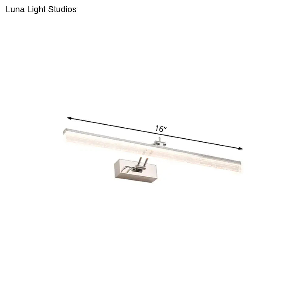 A sleek 16-inch modern chrome led vanity light with brushed metallic finish for bathroom mirror spotlight use