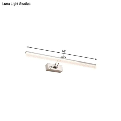A sleek 16-inch modern chrome led vanity light with brushed metallic finish for bathroom mirror spotlight use