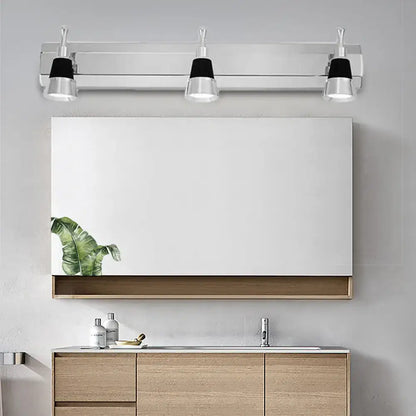 Modern chrome adjustable wall lamp with three black conical shades for bathroom vanity lighting