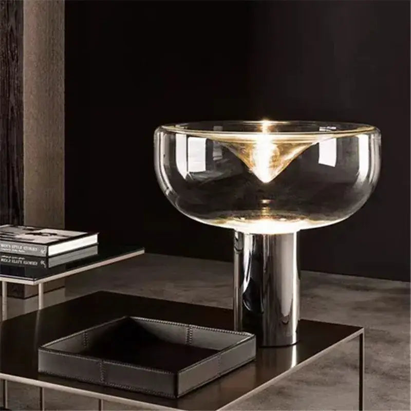 Modern chrome aella glass table lamp with sleek chrome base and transparent bowl shade for bedroom decorbites decor