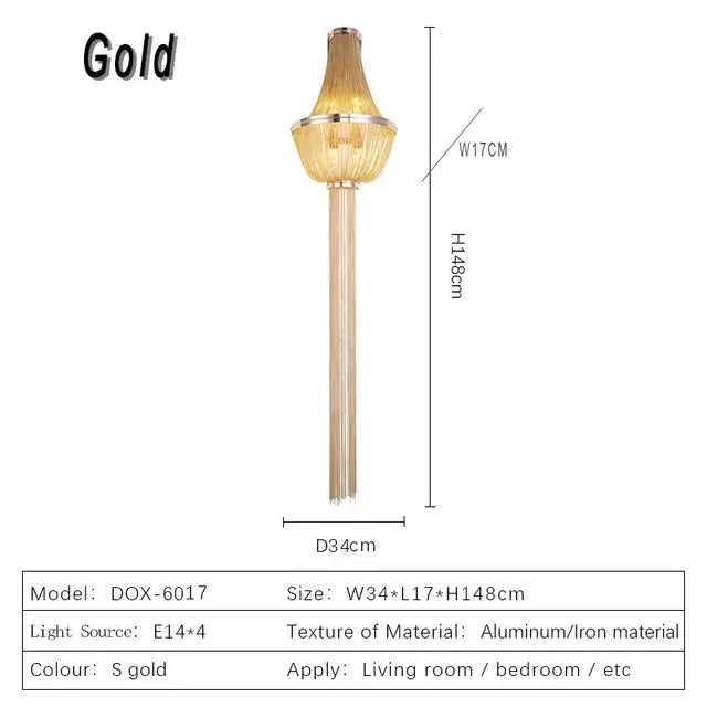 Gold-colored modern aluminum chain sconce with slender design featuring cascading glass prisms for bedroom wall lighting