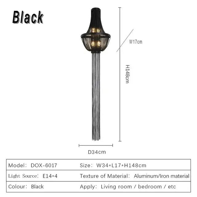 Modern chrome aluminum chain sconce in black with cascading vertical chains and four e14 bulbs for bedroom lighting