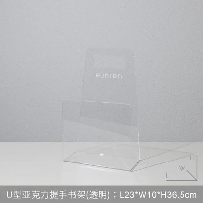 Transparent acrylic u-shaped bookshelf organizer with minimalist design and eunren brand for modern desktop use