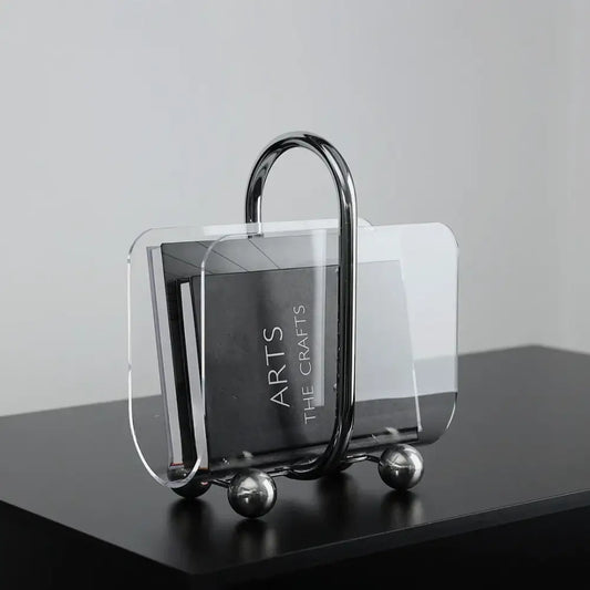 Modern chrome and acrylic desktop bookshelf organizer with sleek chrome frame and transparent sides for home office decorbites bookshelf organizer