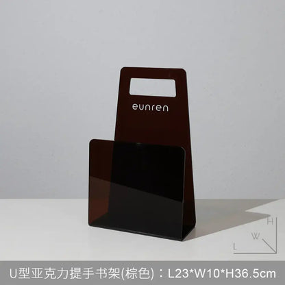 A sleek dark brown acrylic bookshelf organizer with handle for modern decorbites desktop bookshelf use