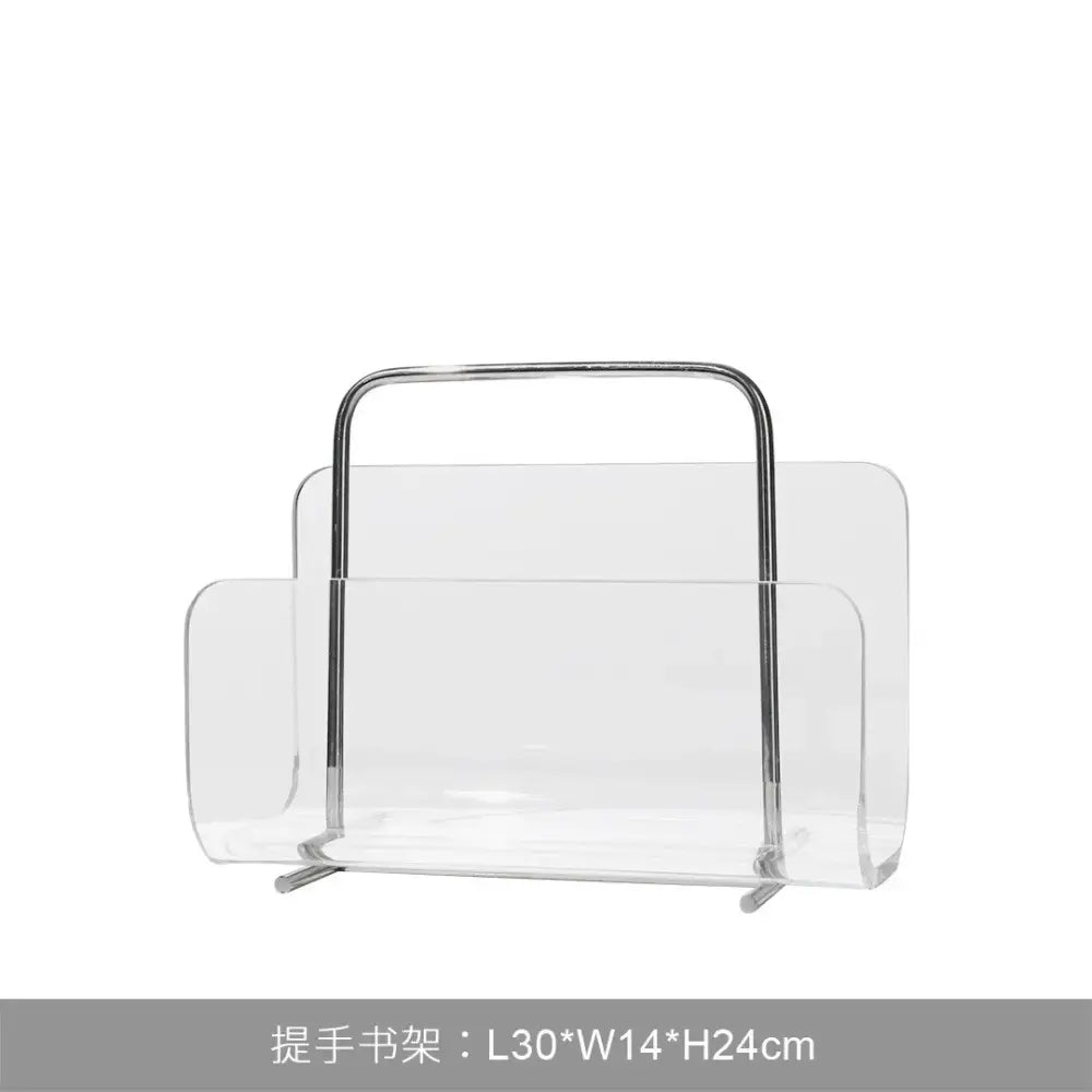 Modern chrome and acrylic desktop bookshelf organizer with clear acrylic rack and sleek chrome handle for home office use