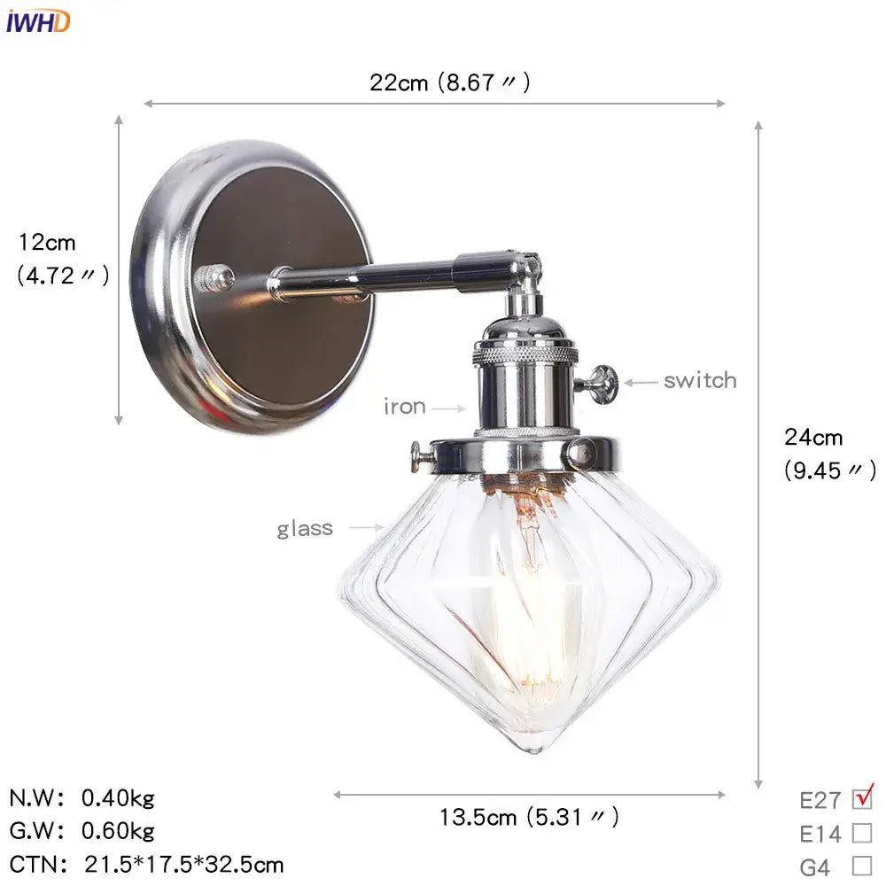 Modern chrome iron wall light with faceted clear glass ball shade and exposed edison bulb for bedroom sconce use