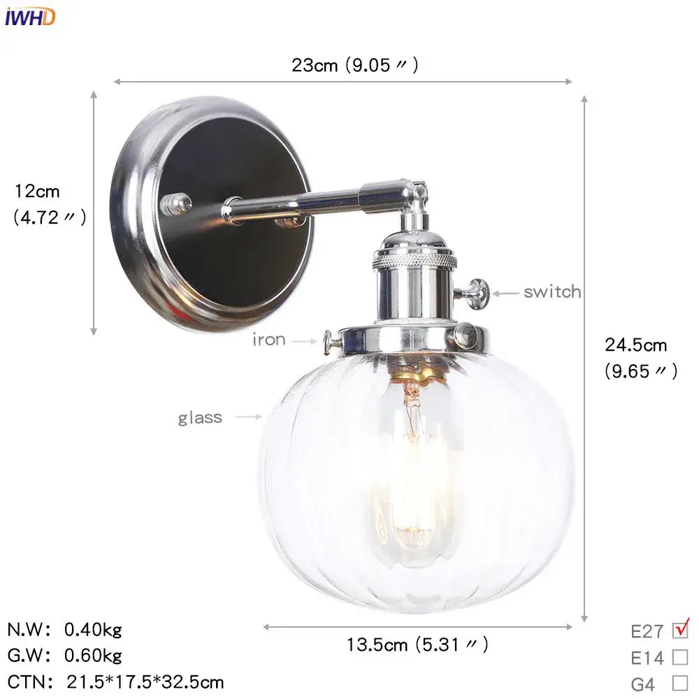 Modern chrome iron wall light with clear ribbed glass ball and exposed filament bulb for bedroom sconce use