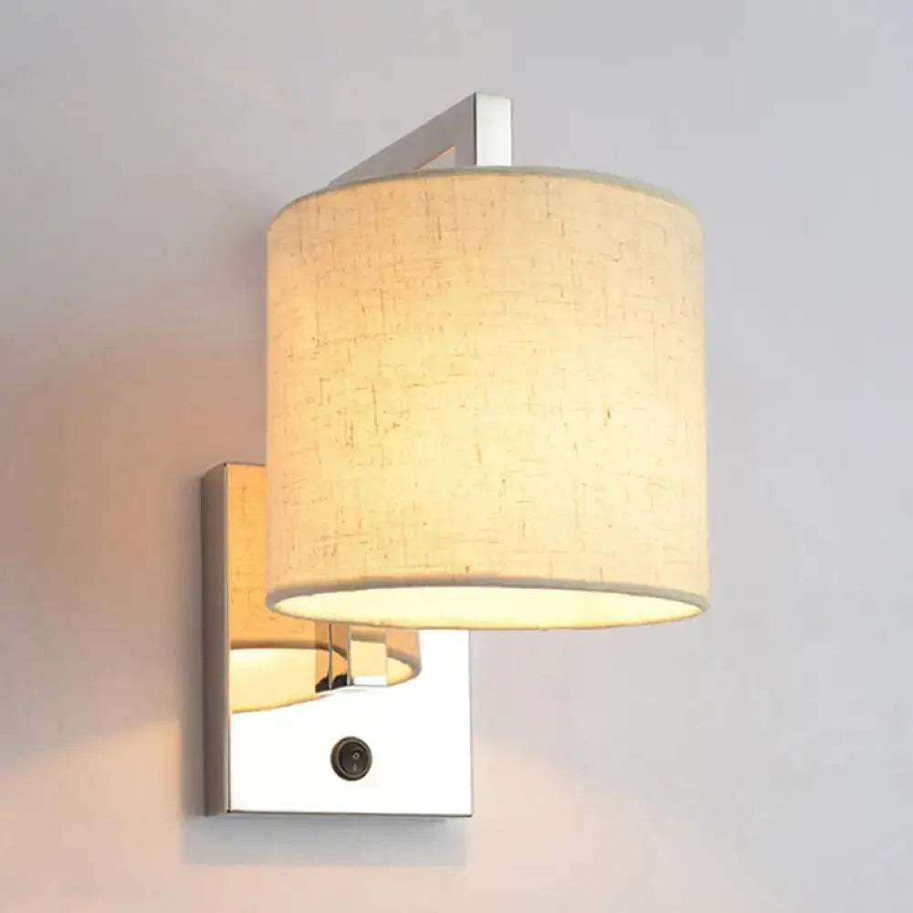 Modern chrome and beige fabric led wall sconce with cylindrical linen shade for living room lighting