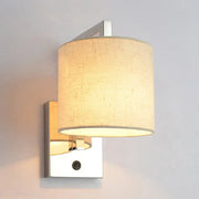 Modern chrome and beige fabric led wall sconce with cylindrical linen shade for living room lighting