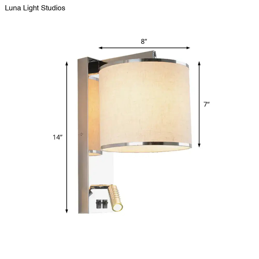Modern chrome and beige fabric led wall sconce with cylindrical shade and reading light for living room use