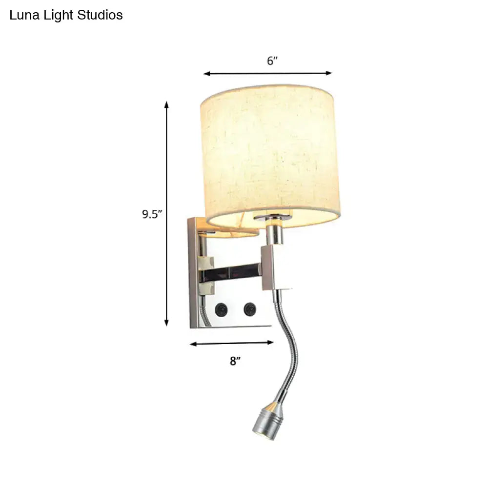 Modern chrome and beige fabric led wall sconce with cylindrical shade and adjustable gooseneck light for living room use