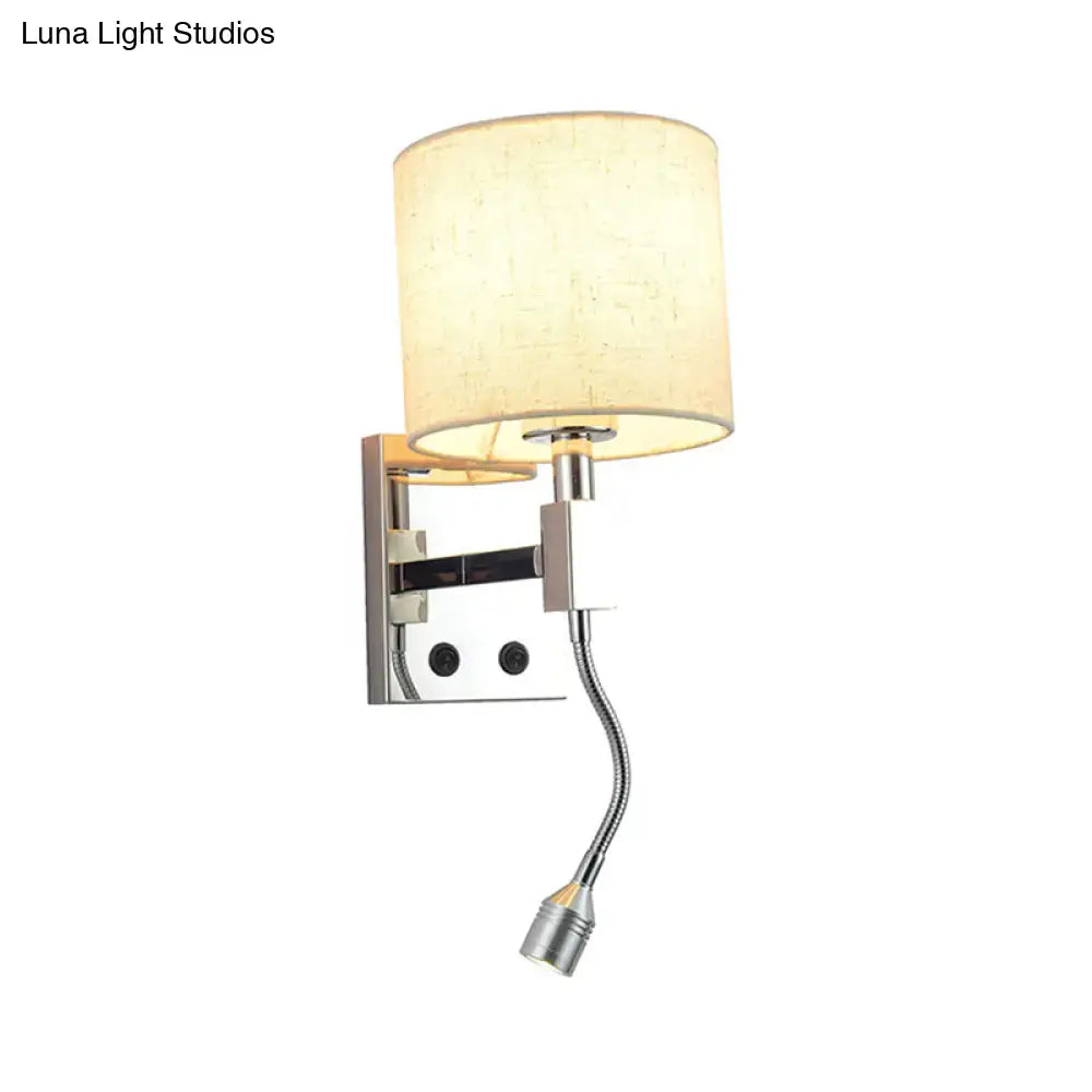 Modern chrome and beige fabric led wall sconce with adjustable gooseneck for living room lighting