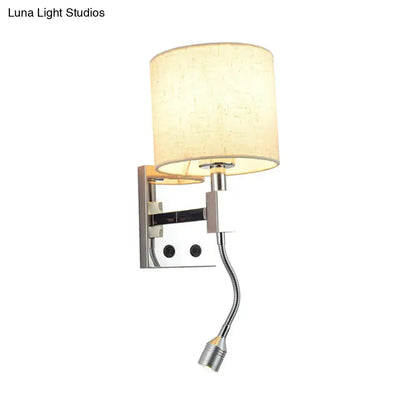 Modern chrome and beige fabric led wall sconce with adjustable gooseneck for living room lighting
