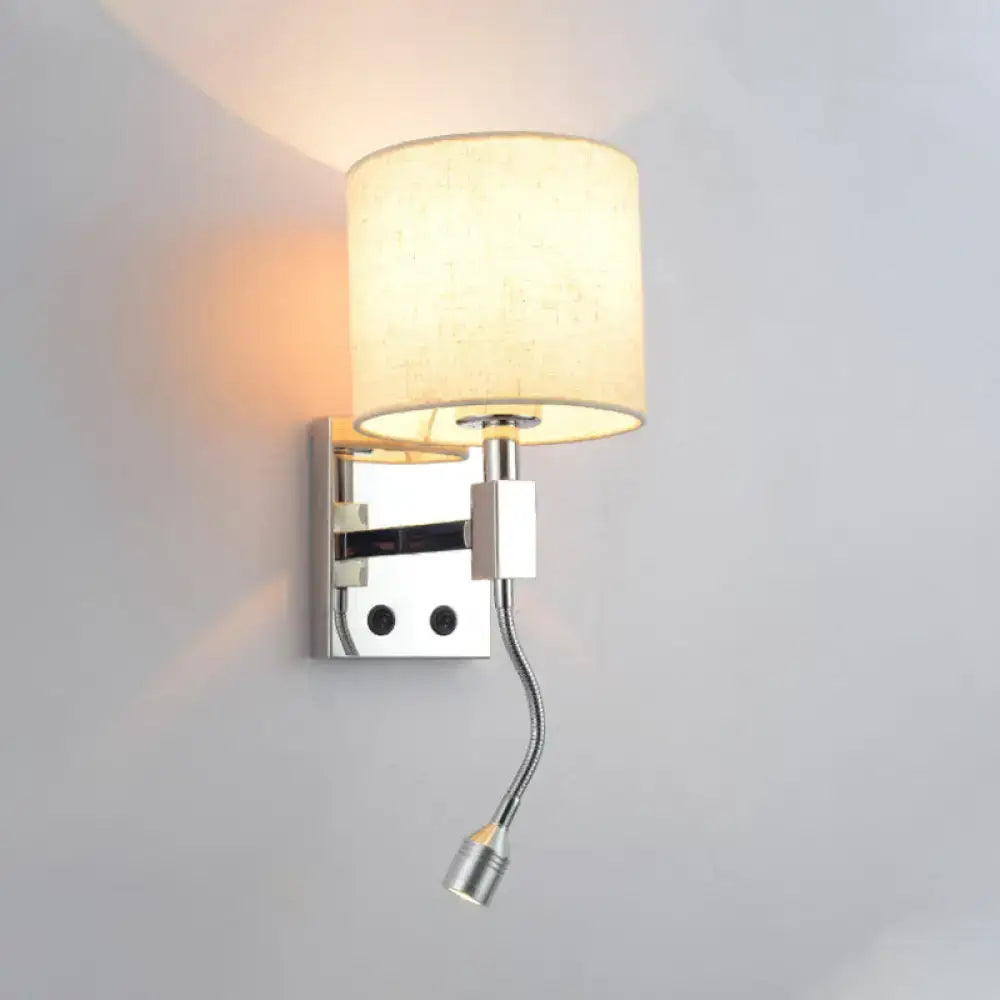 Modern chrome and beige fabric led wall sconce with adjustable gooseneck reading light for living room use