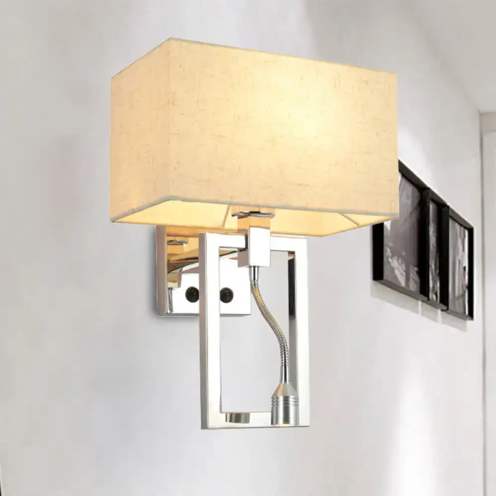 Modern chrome and beige wall mount light sconce with rectangular fabric shade and adjustable gooseneck arm for bedroom spotlight