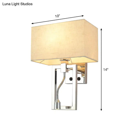 Modern chrome and beige wall mount light sconce with rectangular fabric shade and adjustable gooseneck spotlight for bedroom