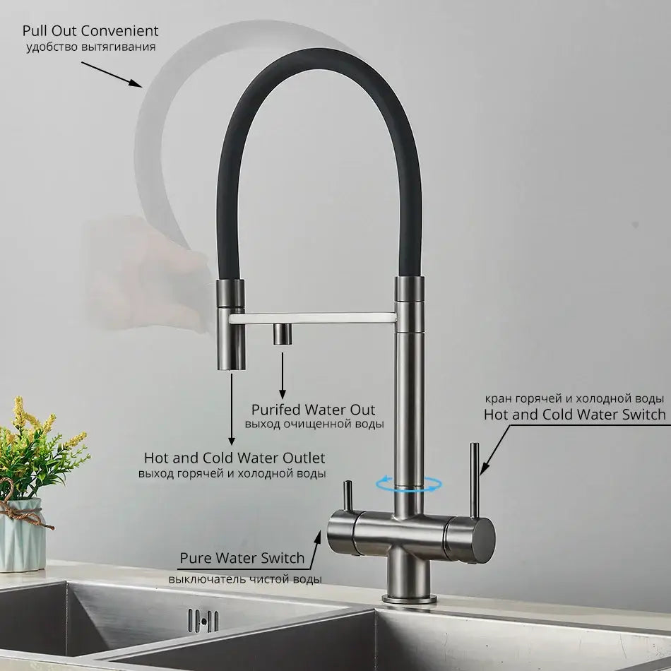 Modern chrome and black dual spout stainless steel water filter faucet with black flexible hose and dual-handle switch