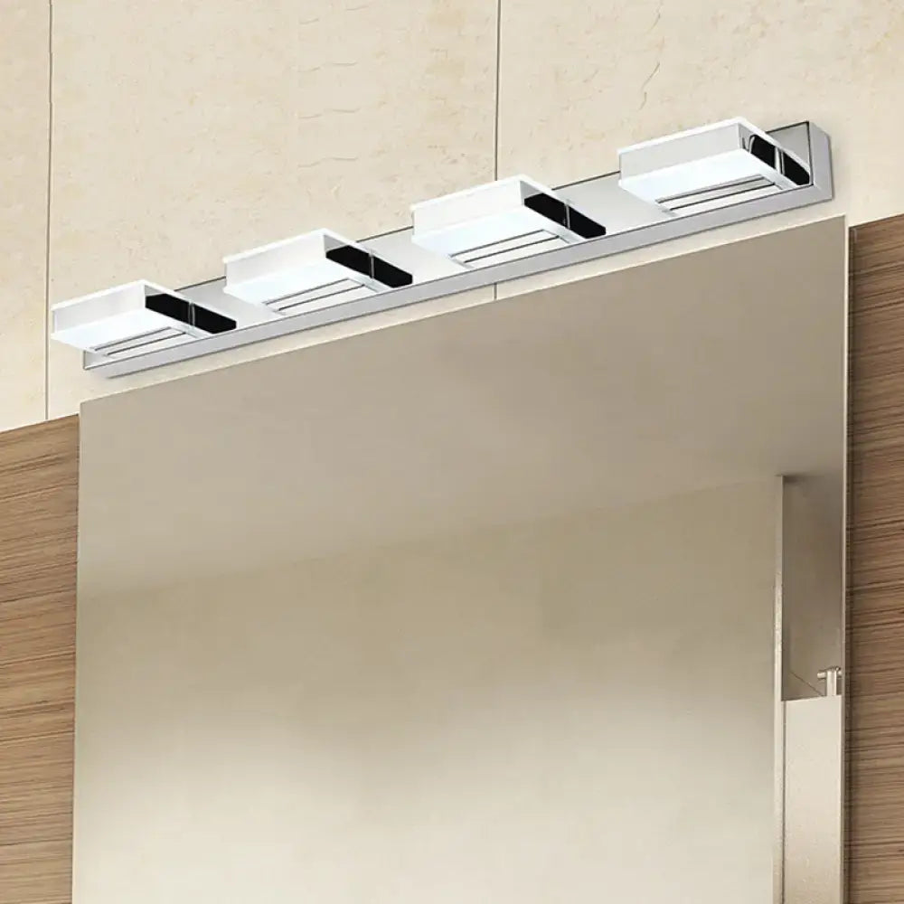 Modern chrome and black geometric led wall light with four white diffusers and nickel finish for bathroom use