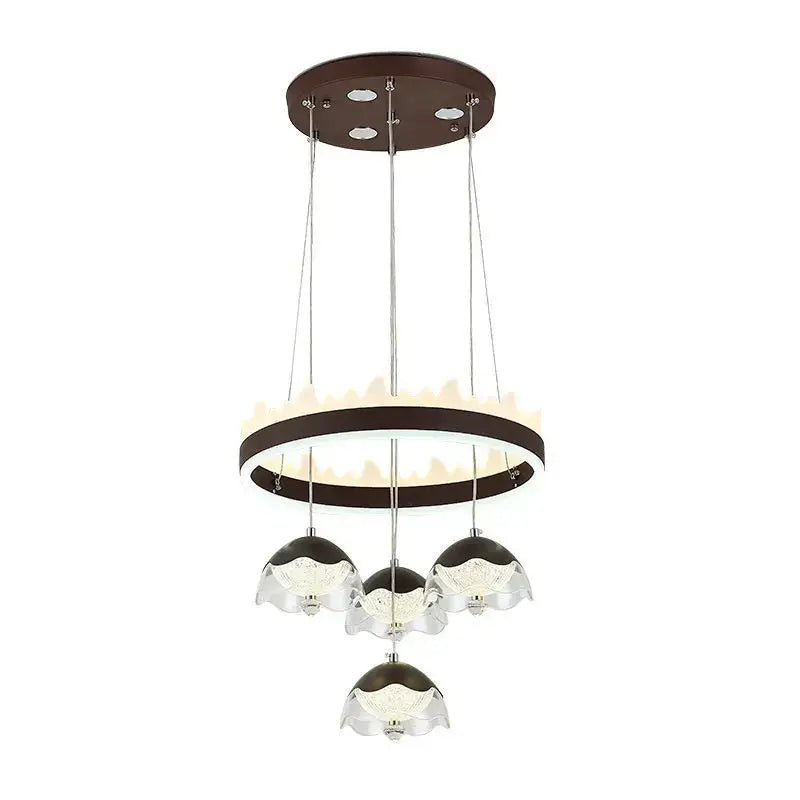 Modern chrome and black led dining table chandelier with dark brown ceiling mount and clear glass shades for dining table lighting