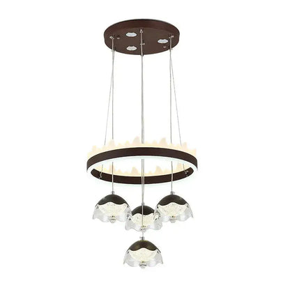 Modern chrome and black led dining table chandelier with dark brown ceiling mount and clear glass shades for dining table lighting